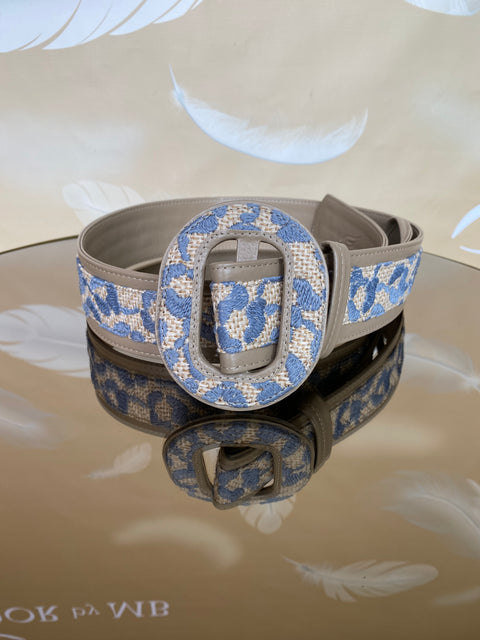 Cinturón artesanal de lujo con cuero flores azules- hebilla redonda