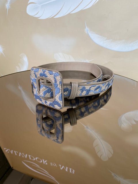 Cinturón artesanal de lujo con cuero flores azules- hebilla cuadrada
