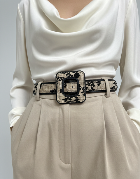 Cinturón flores negras 'Chic Textura' con Hebilla Estructural